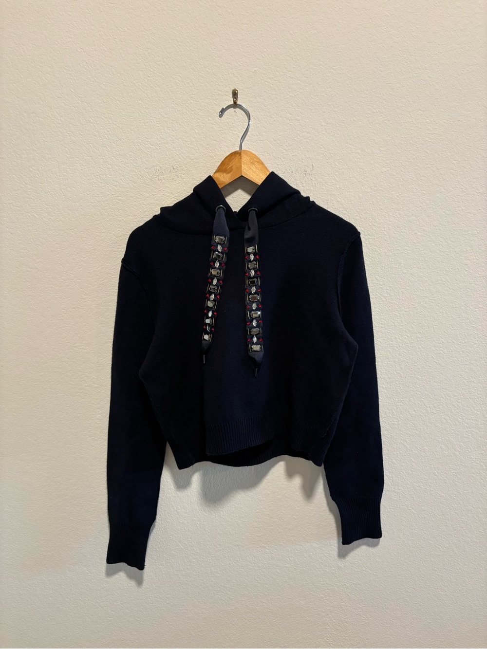 Women's Zara Navy Knit Hoodie with Embellished Drawstrings